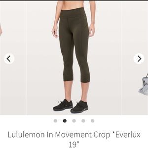 Lululemon in movement crop 19” everlux olive green